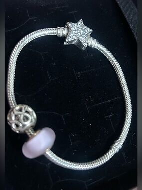 Pandora Silver Star Charm Bracelet with Pink Glass Bead